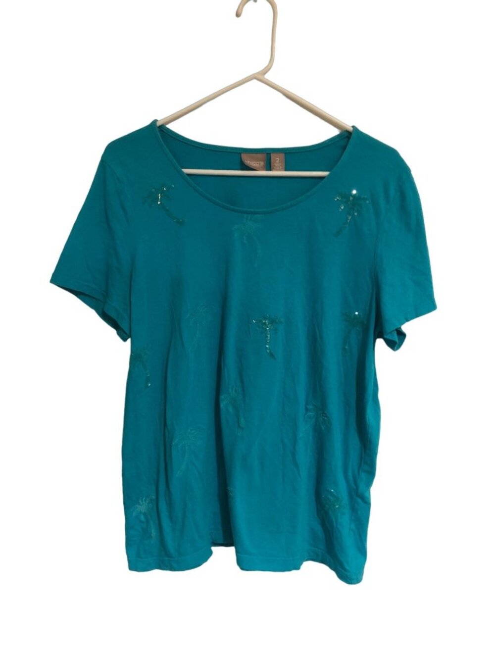 Chico's turquoise scoop neck palm tree sequin t shirt size L